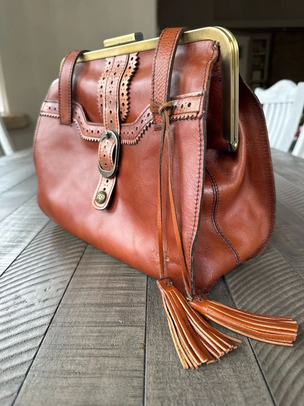 Vintage Patricia Nash Cognac Leather Frame Satchel - Shoulder Bag Purse